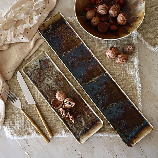 PLAT RECTANGLE VOLCANO 46CM EN PORCELAINE MARRON – Assiette – HygiRéa