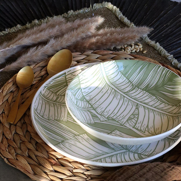 ASSIETTE CREUSE LEAVES 20.5CM EN GRÈS VERT – Assiette – HygiRéa