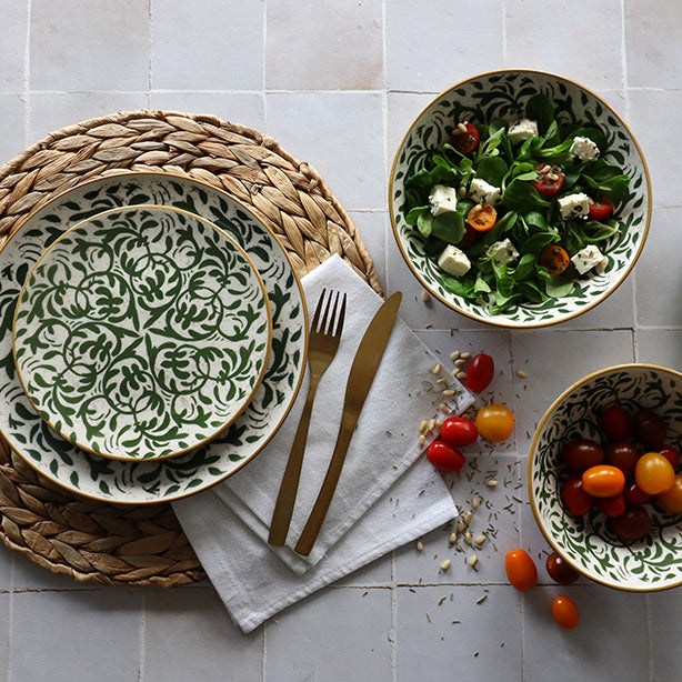 ASSIETTE PLATE HÉRACLÉE 27CM EN GRÈS DÉCOR VERT – Assiette – HygiRéa