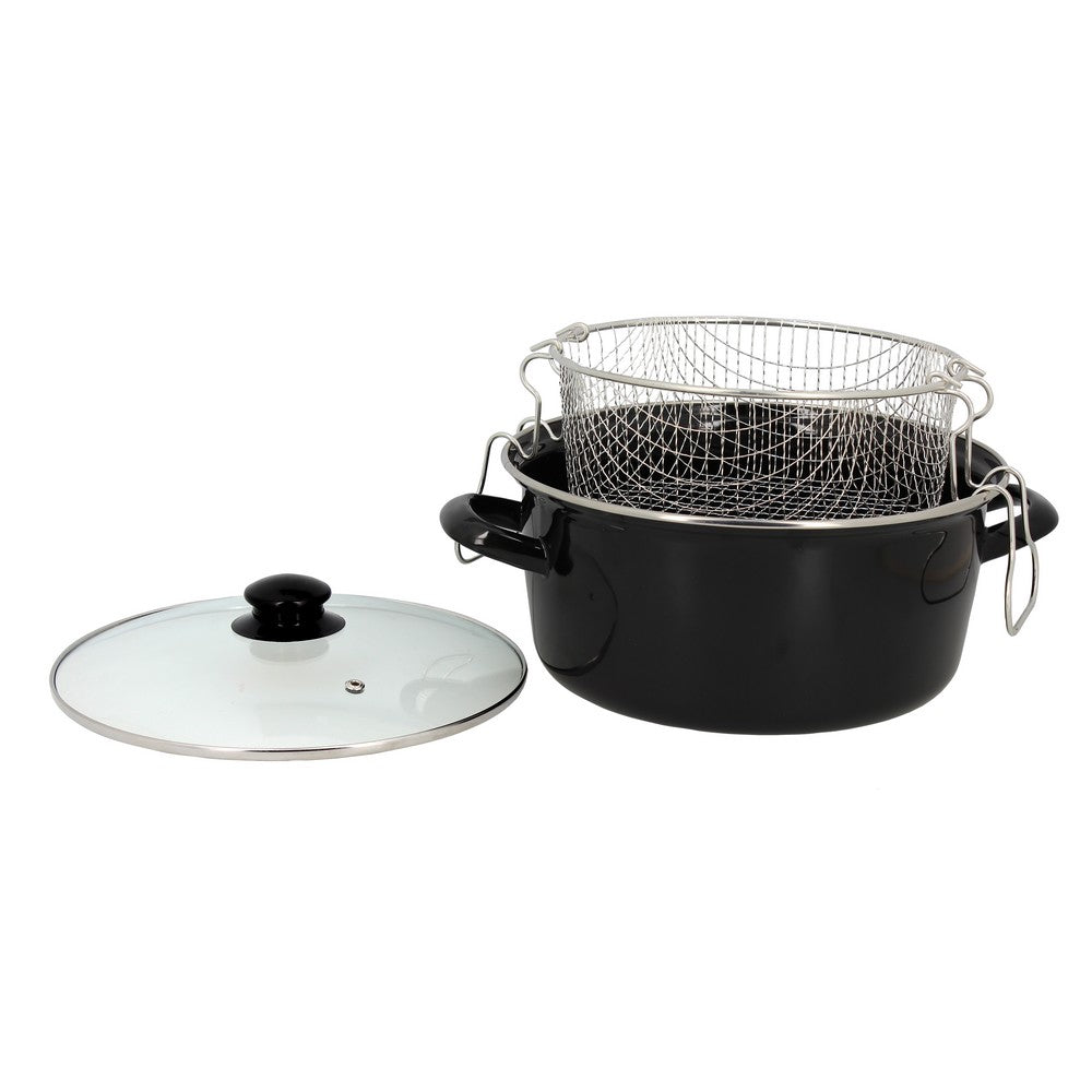 FRITEUSE 26CM EN ACIER EMAIL NOIR BORD CHROME + COUVERCLE ET PANIER – Cuisson spécifique – HygiRéa
