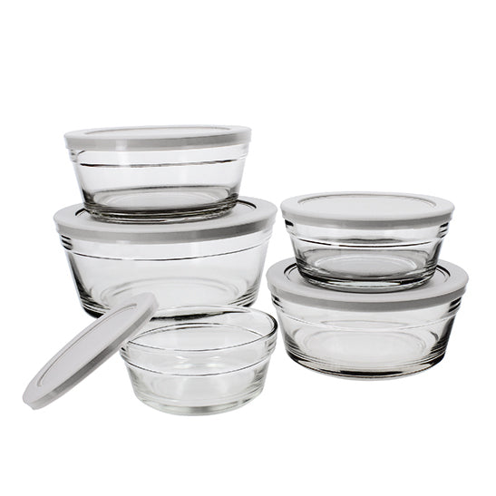 BOITE DES 5 BOLS CASSIS EN VERRE SODOCALCIQUE AVEC COUVERCLE GRIS – Conservation – HygiRéa