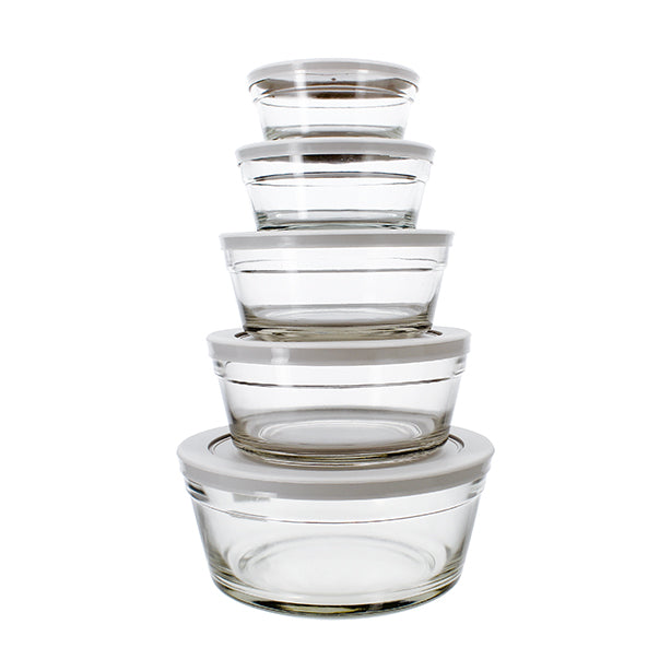 BOITE DES 5 BOLS CASSIS EN VERRE SODOCALCIQUE AVEC COUVERCLE GRIS – Conservation – HygiRéa