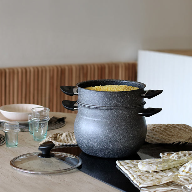 COUSCOUSSIER INDUCTION 9L EN ALUMINIUM EFFET MARBRE AVEC COUVERCLE – Faitout, traiteur et marmite – HygiRéa