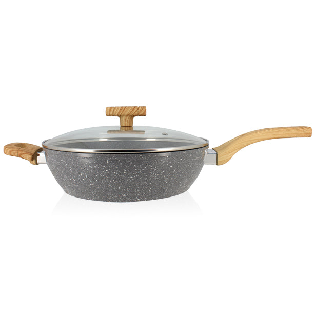 SAUTEUSE CANNELLE 28CM AVEC COUVERCLE EN VERRE ET POIGNÉES BOIS CLAIR – Poêle, poêlon et sauteuse – HygiRéa