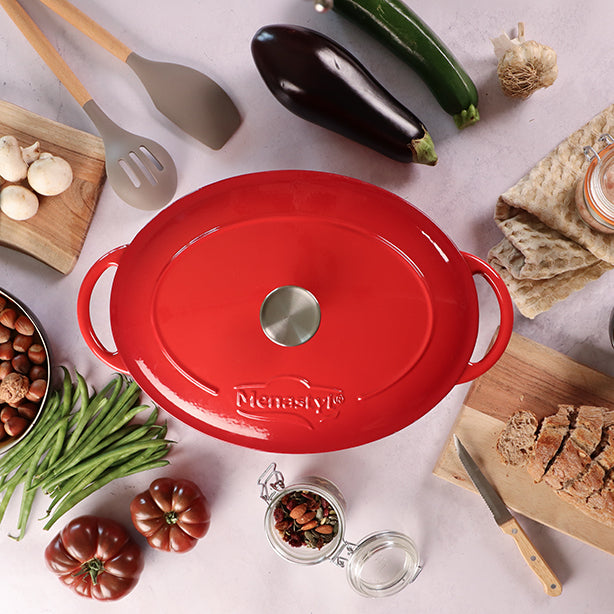 COCOTTE COLETTE OVALE 6.5L 33X25CM EN FONTE ÉMAILLÉ ROUGE – Faitout, traiteur et marmite – HygiRéa
