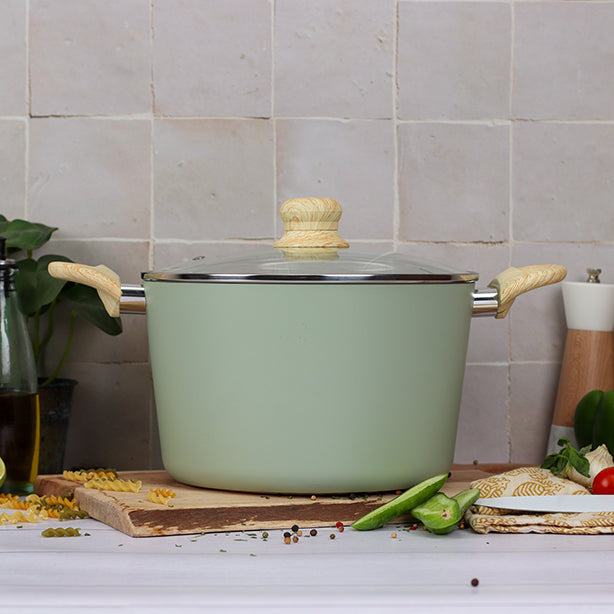 FAITOUT CELADON 24CM EN ALUMINIUM RECYCLE AVEC COUVERCLE EN VERRE – Faitout, traiteur et marmite – HygiRéa