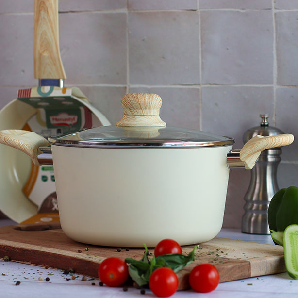 FAITOUT CRÈME 20CM ALUMINIUM RECYCLÉ AVEC COUVERCLE EN VERRE – Faitout, traiteur et marmite – HygiRéa