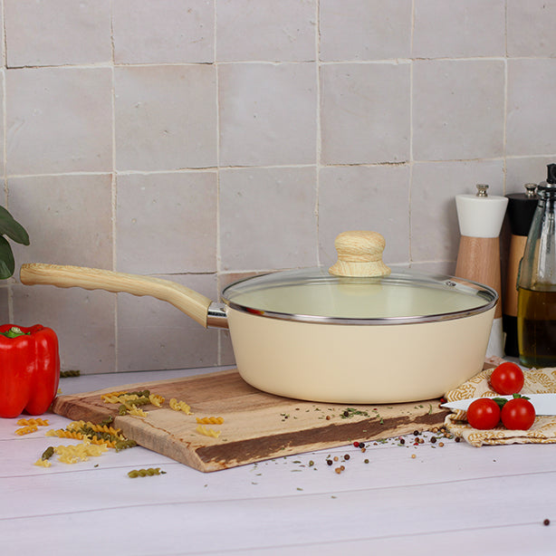 SAUTEUSE CRÈME 24CM EN ALUMINIUM RECYCLÉ COUVERCLE EN VERRE – Poêle, poêlon et sauteuse – HygiRéa