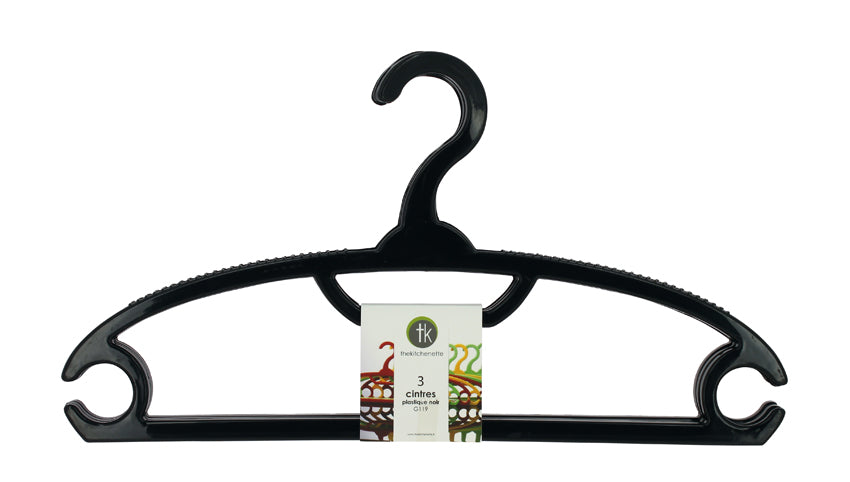 LOT DE 3 CINTRES NOIR EN PLASTIQUE POLYPRO – – HygiRéa