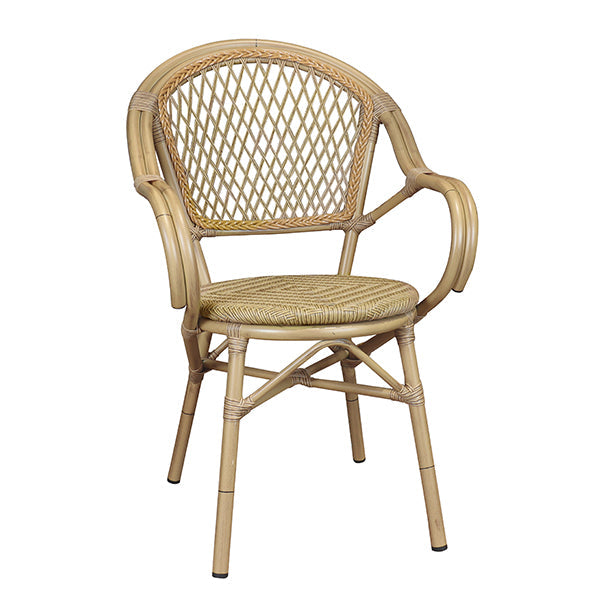 FAUTEUIL DE TABLE BISTRO ROTIN NATUREL ALU ASPECT BOIS 58X59X93CM CAPRI – Les assises – HygiRéa