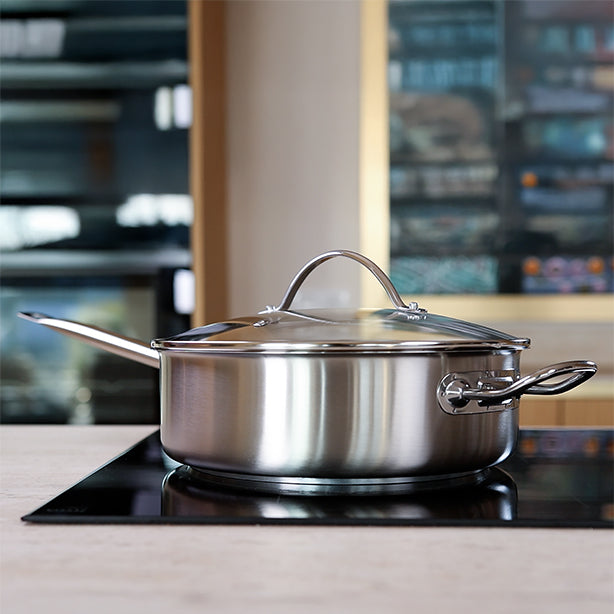 SAUTEUSE PROFESSIONNEL 28CM EN ACIER INOXYDABLE AVEC COUVERCLE EN VERRE – Poêle, poêlon et sauteuse – HygiRéa