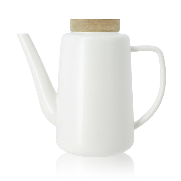 THEIERE ENZO 1200ML EN PORCELAINE BLANCHE ET COUVERCLE ACACIA – Café et thé – HygiRéa