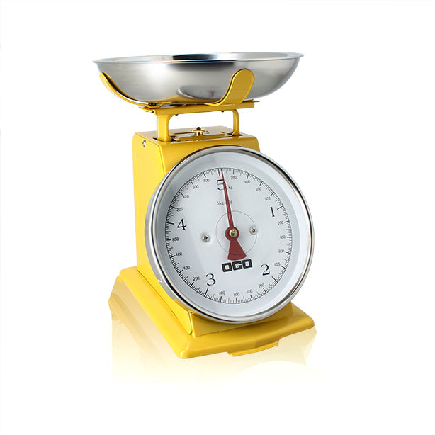 BALANCE MÉCANIQUE EN ACIER INOXYDABLE JAUNE 5KG GRADUATION 20G – Pesage cuisine – HygiRéa