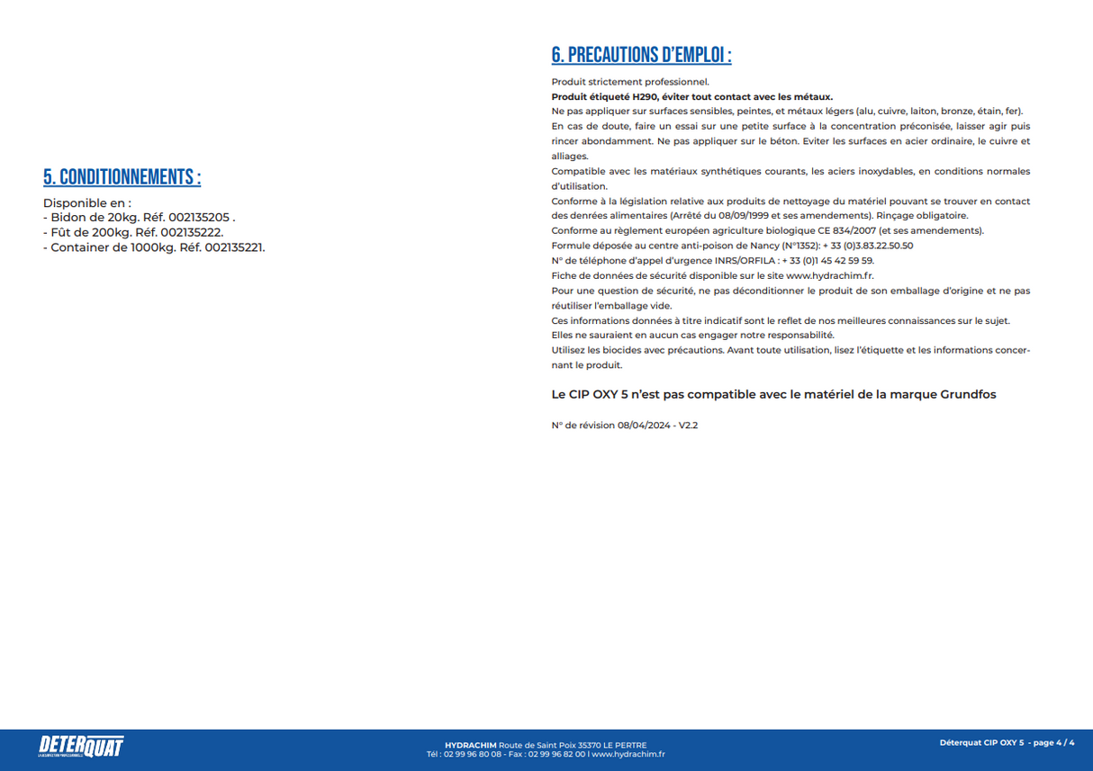 CIP OXY 5 – Désinfectant surfaces - concentré - non moussant – HygiRéa