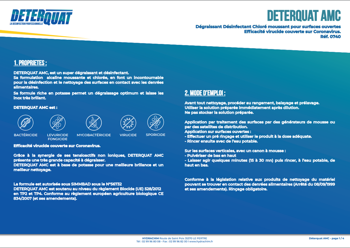 DETERQUAT AMC – Degraissant Désinfectant - concentré - chlorés - moussant – HygiRéa