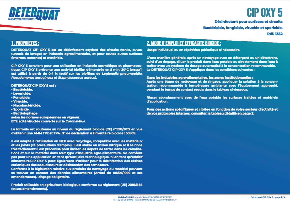 CIP OXY 5 – Désinfectant surfaces - concentré - non moussant – HygiRéa