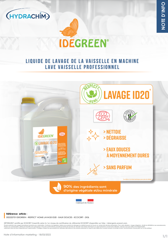 LIQUIDE LAVAGE ID20 - EAUX DOUCES - ECOCERT – Lavage Vaisselle en Machine – HygiRéa