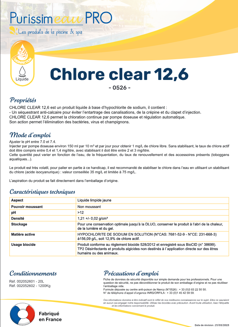 CHLORE CLEAR 12,6% (48°) sequestrée – Chlore – HygiRéa