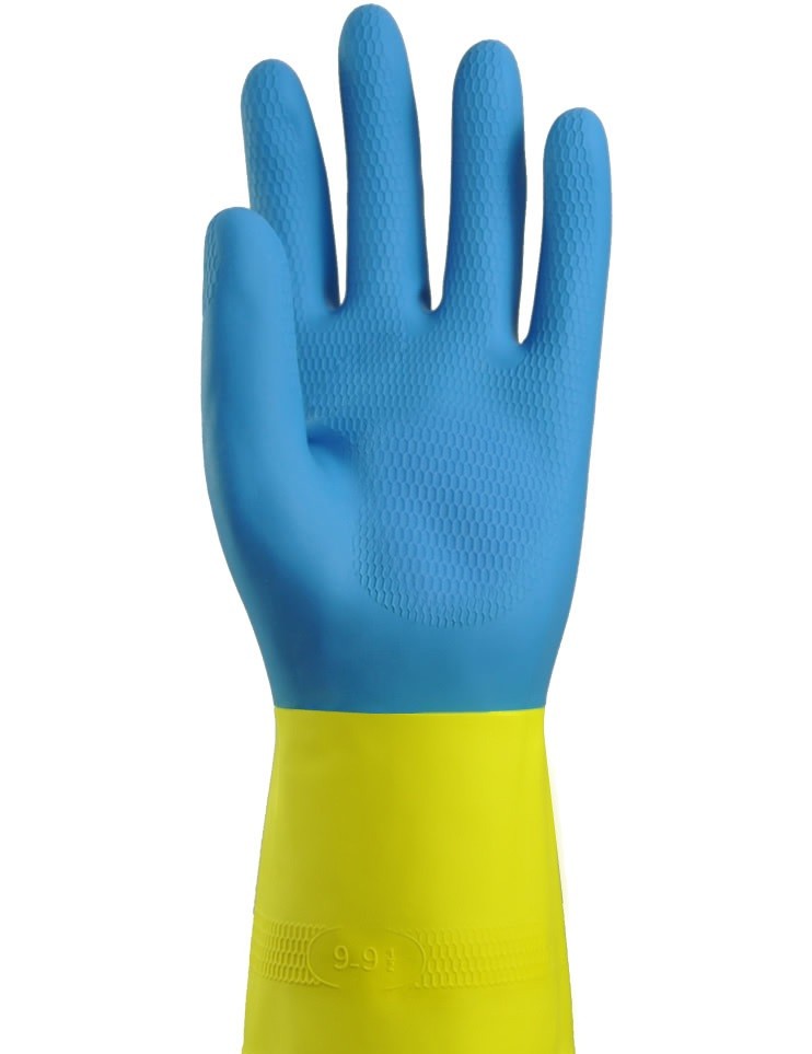 Gant de ménage latex flocké bicolore bleu/jaune – Gants Ménage – HygiRéa
