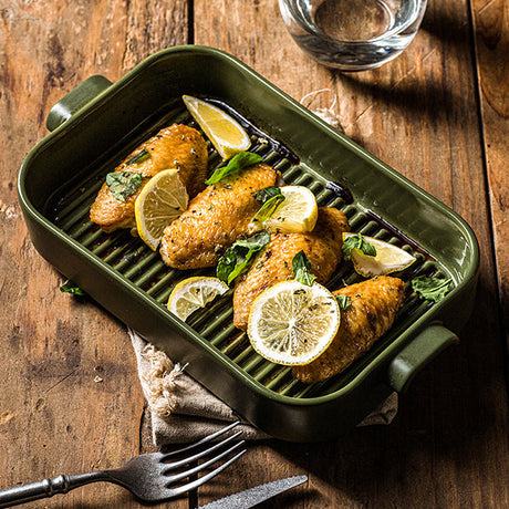 PLAT À FOUR GRILLE OCTAVE RECTANGLE 840ML 26.5X15CM EN GRÈS VERT – Cuisson au four – HygiRéa