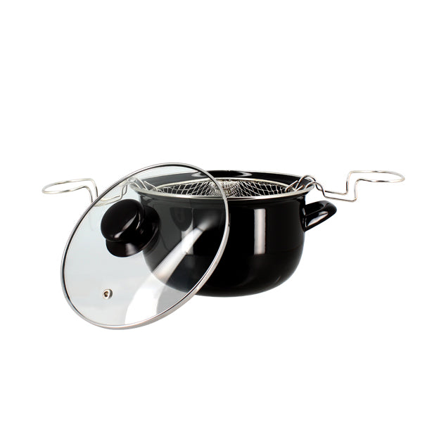 FRITEUSE DIAMÈTRE 20CM EMAIL NOIRE AVEC PANIER INOX – Cuisson spécifique – HygiRéa
