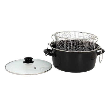 FRITEUSE 26CM EN ACIER EMAIL NOIR BORD CHROME + COUVERCLE ET PANIER – Cuisson spécifique – HygiRéa