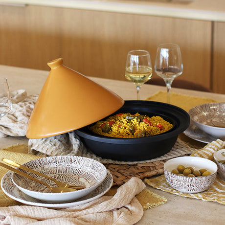 TAJINE D30CM FOND ALU INDUCTION COUVERCLE EN CÉRAMIQUE JAUNE – Cuisson au four – HygiRéa