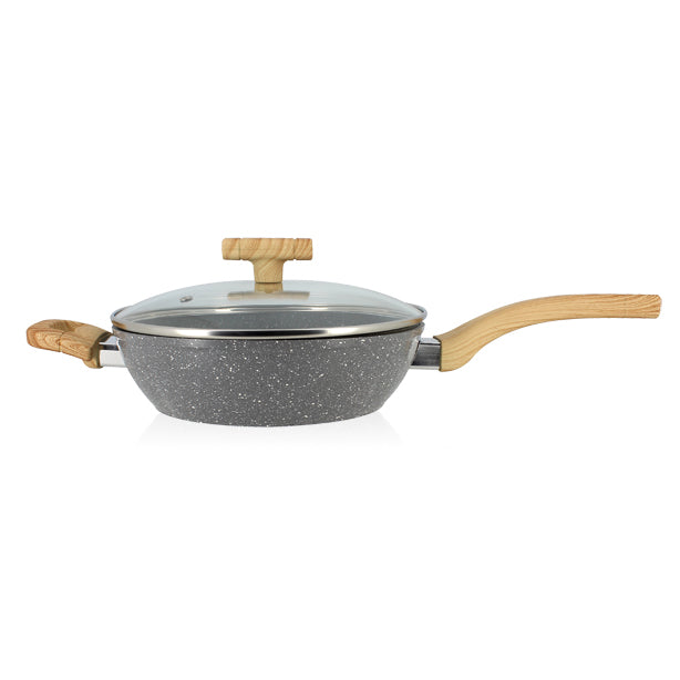 SAUTEUSE CANNELLE 24CM AVEC COUVERCLE EN VERRE ET POIGNÉES BOIS CLAIR – Poêle, poêlon et sauteuse – HygiRéa