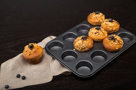 PLAQUE À 12 MUFFINS AMANDINE EN ACIER CARBONE ANTI-ADHÉSIF – Cuisson au four – HygiRéa