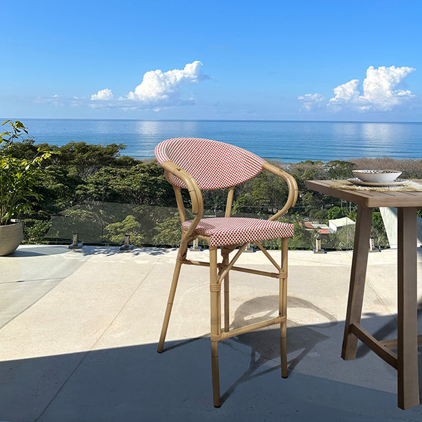 FAUTEUIL BAR TEXTILENE ROUGE STRUCTURE ALUMINIU M ASPECT BAMBOU AMALFI – Les assises – HygiRéa