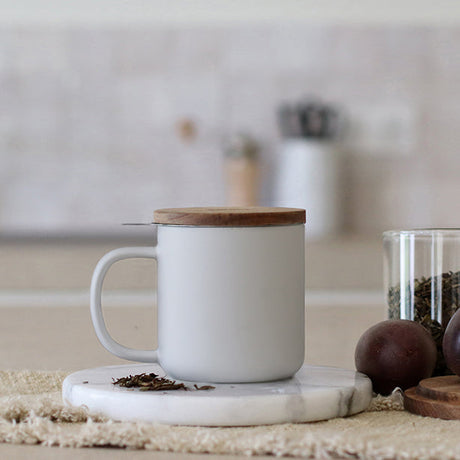 TISANIÈRE JULIET 300ML EN GRÈS BLANC AVEC COUVERCLE BOIS D'ACACIA – Café et thé – HygiRéa