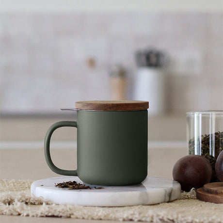TISANIÈRE JULIET 300ML EN GRÈS KAKI AVEC COUVERCLE BOIS D'ACACIA – Café et thé – HygiRéa