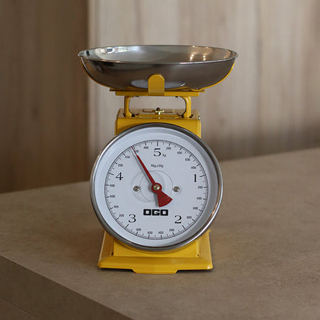 BALANCE MÉCANIQUE EN ACIER INOXYDABLE JAUNE 5KG GRADUATION 20G – Pesage cuisine – HygiRéa
