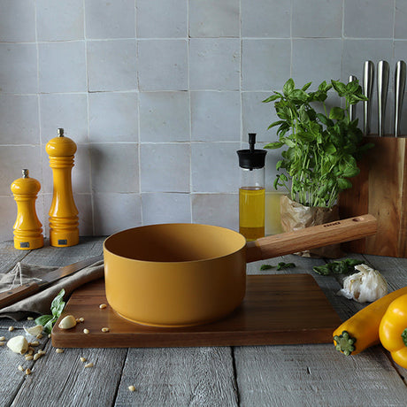 CASSEROLE ECTOR 18CM ALU REVÊTEMENT CÉRAMIQUE JAUNE AVEC MANCHE BOIS – Casserole – HygiRéa