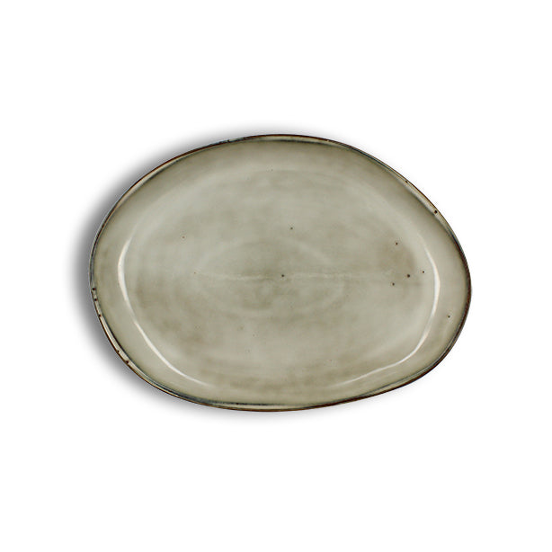 PLAT OVALE NAKURU 33CM EN GRÈS GRIS ET BEIGE – Assiette – HygiRéa