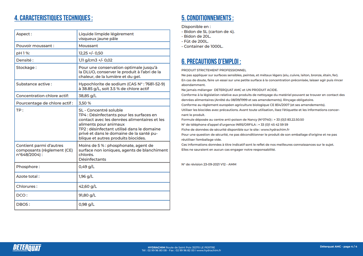 DETERQUAT AMC – Degraissant Désinfectant - concentré - chlorés - moussant – HygiRéa