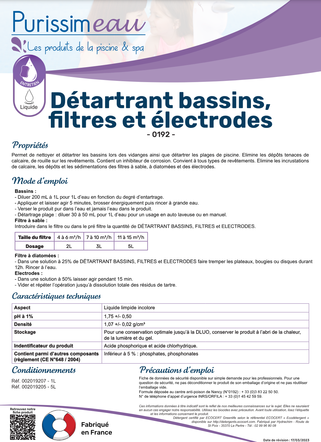 DETARTRANT PLAGE, FILTRE ET ELECTRODE