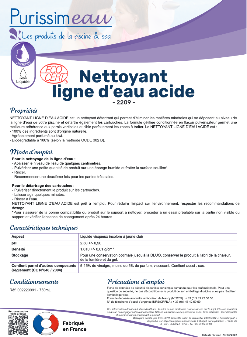 NETTOYANT LIGNE D'EAU ACIDE ECOCERT (pulvé)