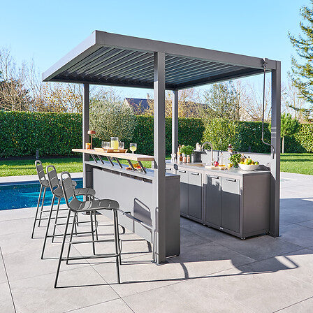 Oxyana Outdoor Kitchen with Pergola, 2 Base Units, 1 Sink Unit, and Bar, 258 x 258 x 233 cm