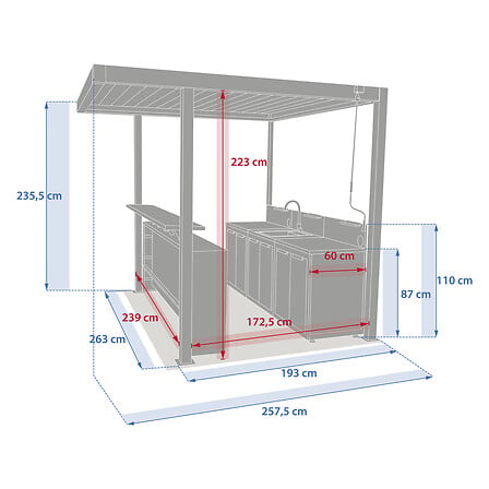 Oxyana Outdoor Kitchen with Pergola, 2 Base Units, 1 Sink Unit, and Bar, 258 x 258 x 233 cm