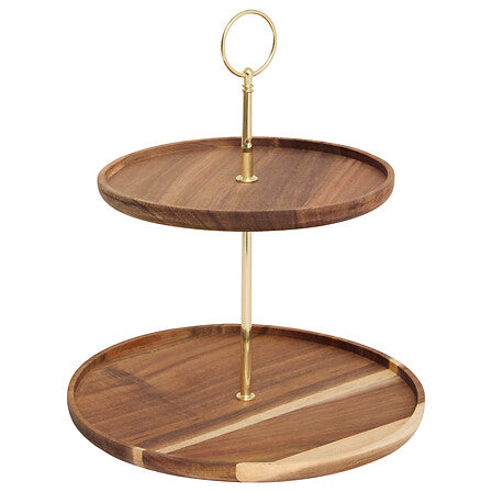 SERVITEUR 2 ÉTAGES MINA GOLD ACACIA ET MÉTAL DORÉ