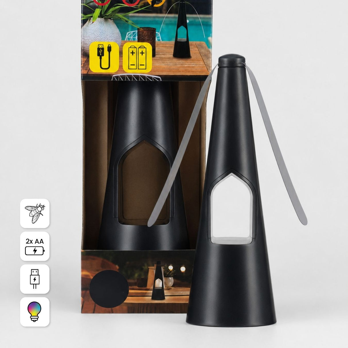 Ventilateur noir anti insectes de table 2en1 avec lumière LED